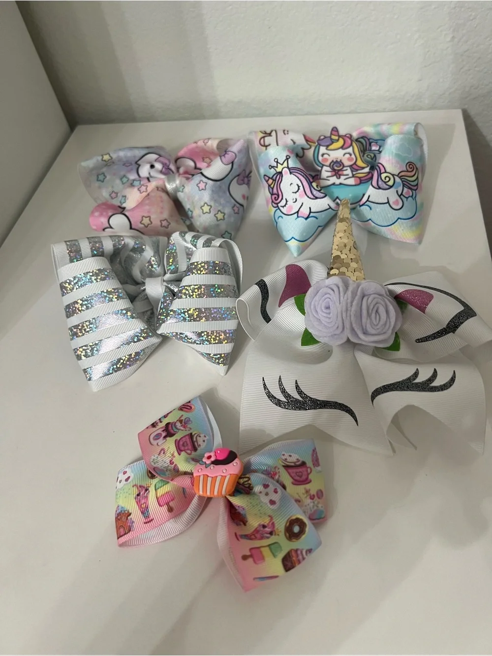 Assorted Kids Unicorn & Glitter Hair Bows - White, Silver, Pastel